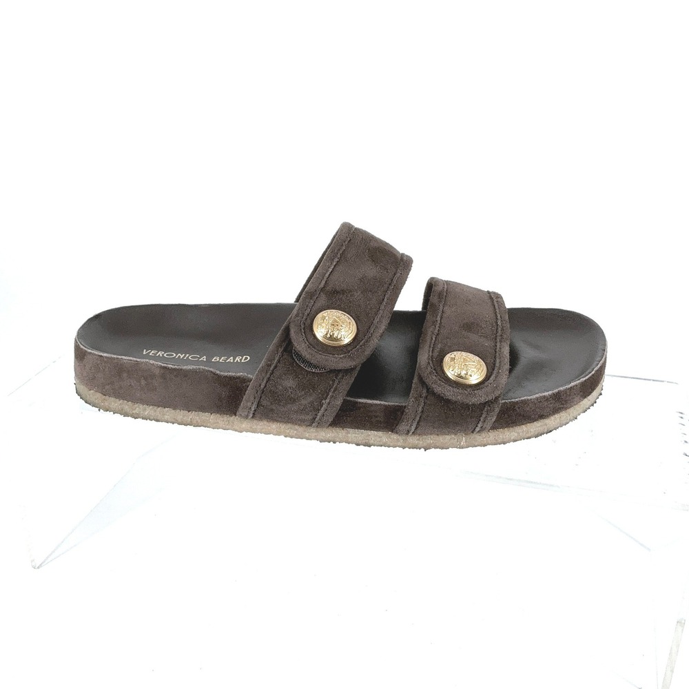 Veronica Beard Size 6 Brown Suede Two Strap Slide Sandals Gold Crest Button